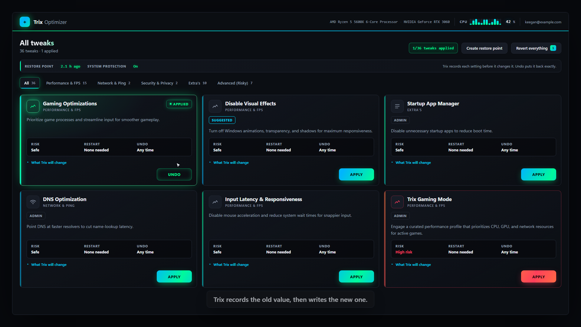 Trix Optimizer showing recommended Windows tweaks, their risk, restart requirement, and apply controls